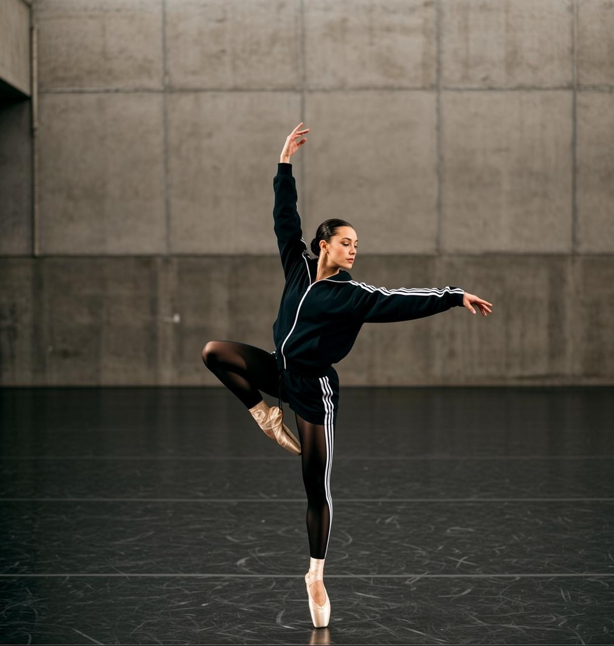 Black Jacket Arabesque Pose
