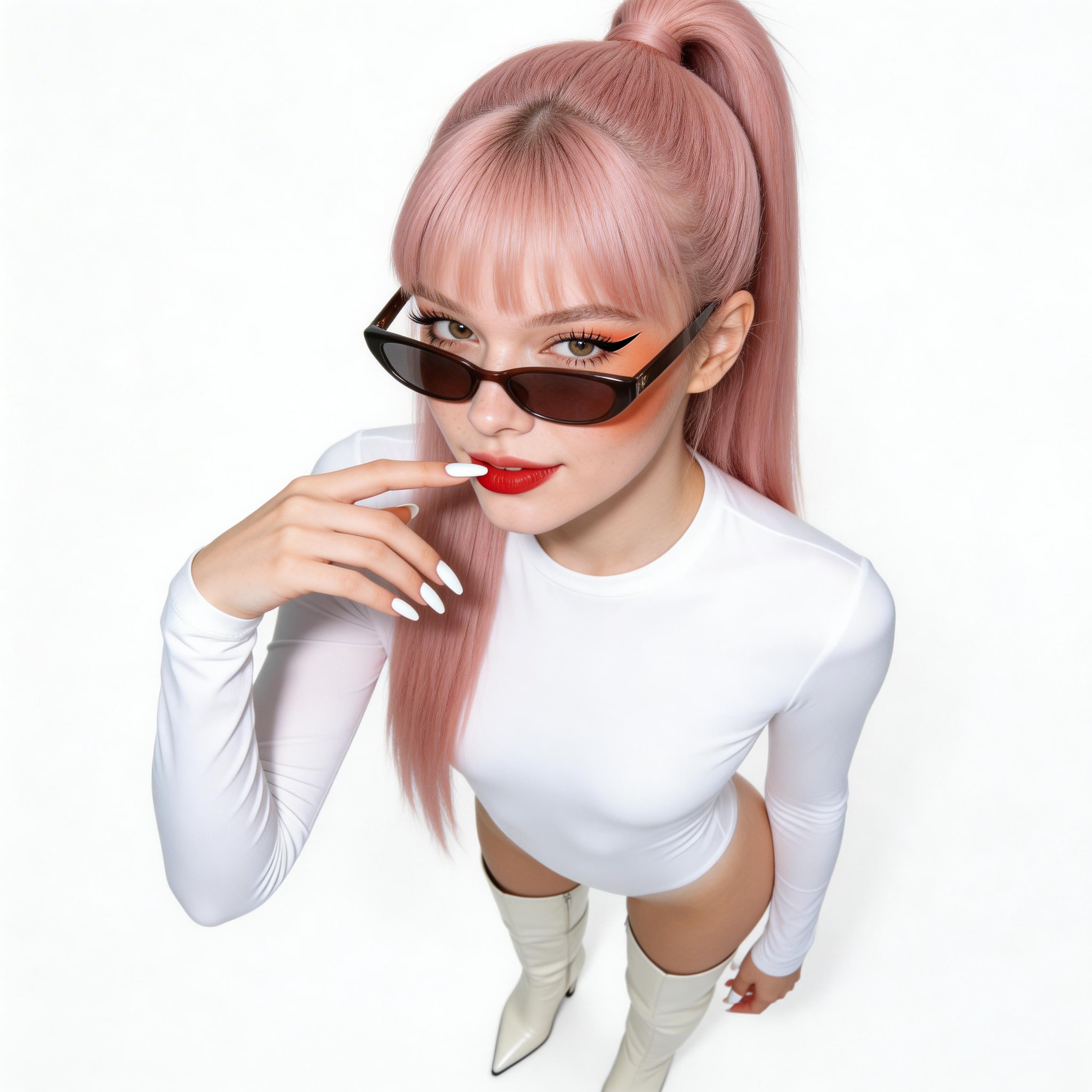 Looking Up White Bodysuit Boots