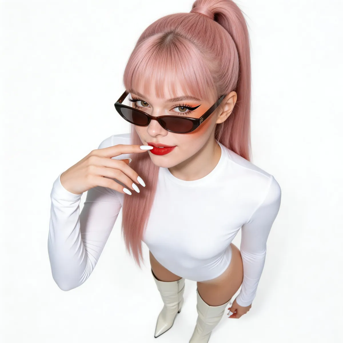 Looking Up White Bodysuit Boots