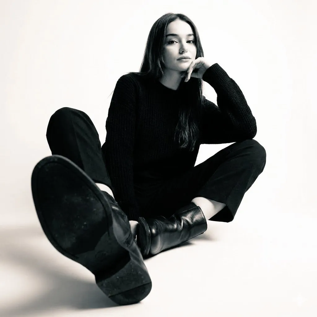 High-contrast black-and-white studio photo of a woman seated on the floor wearin