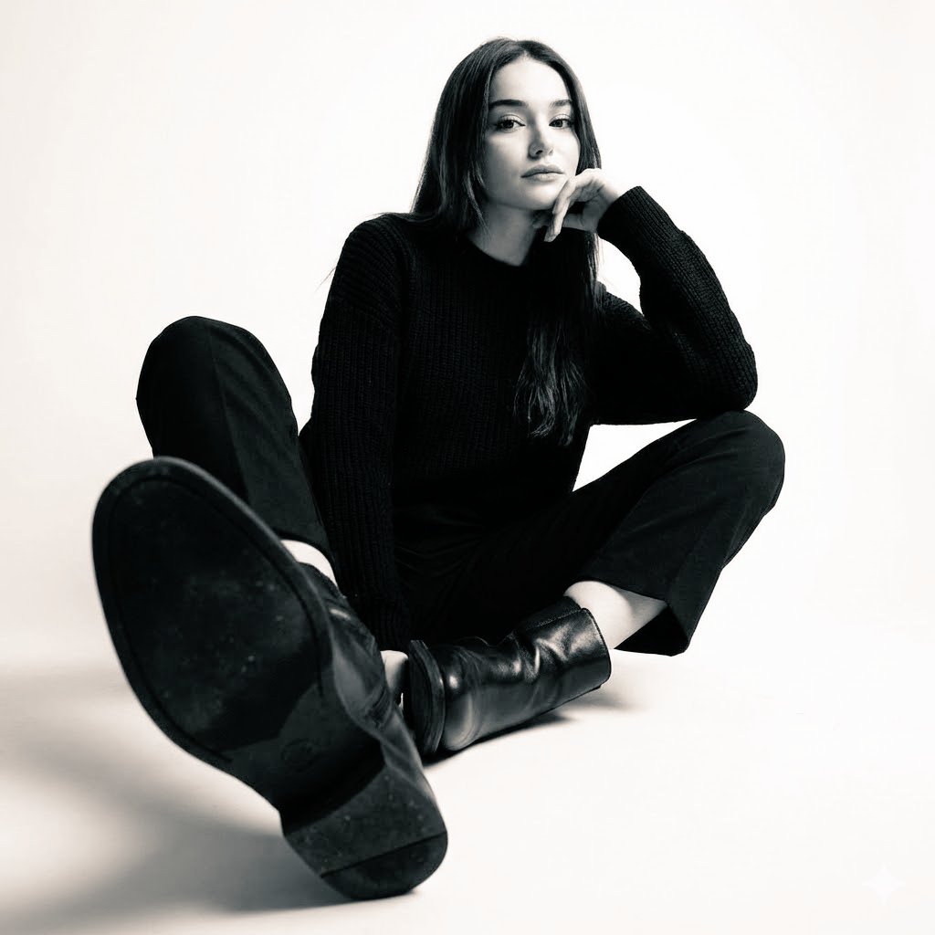 A woman seated on a clean white floor in a black sweater and trousers, calmly posed with one boot sole facing the camera.