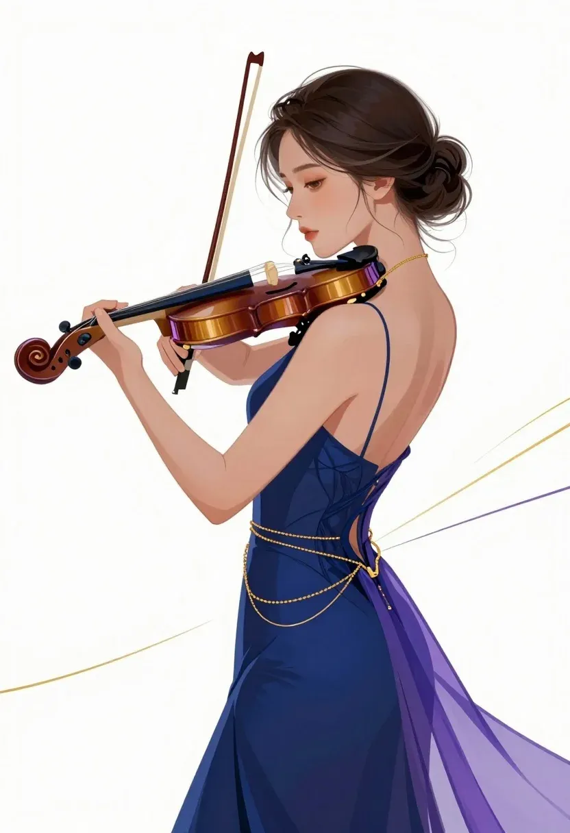 Graceful Woman Profile Playing Violin Against Stark White Background Subject