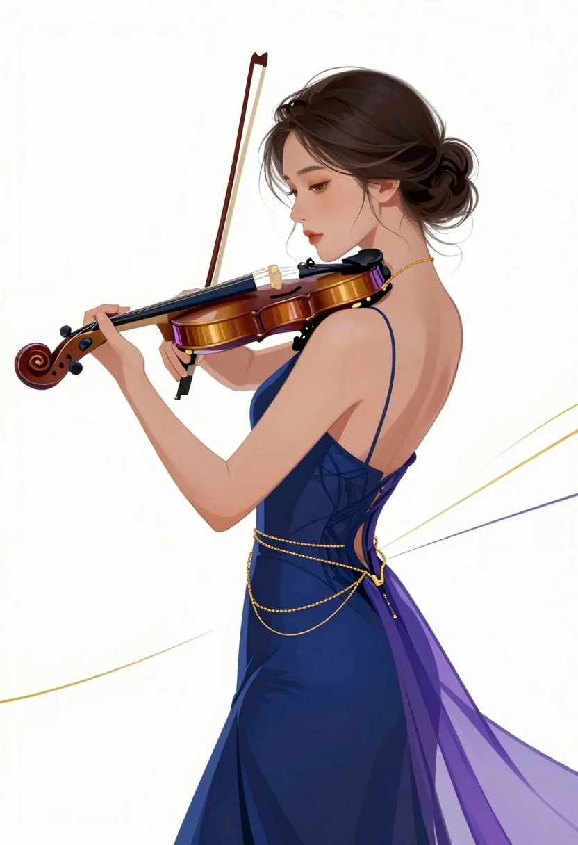 Graceful Woman Profile Playing Violin Against Stark White Background Subject