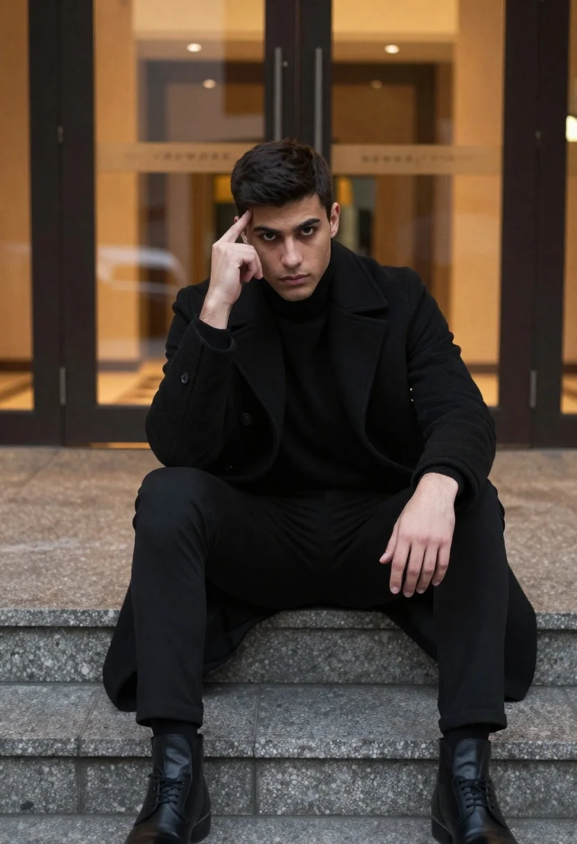 Cinematic Portrait Man Sitting Stone Steps Front Glass Building Doors reference photo