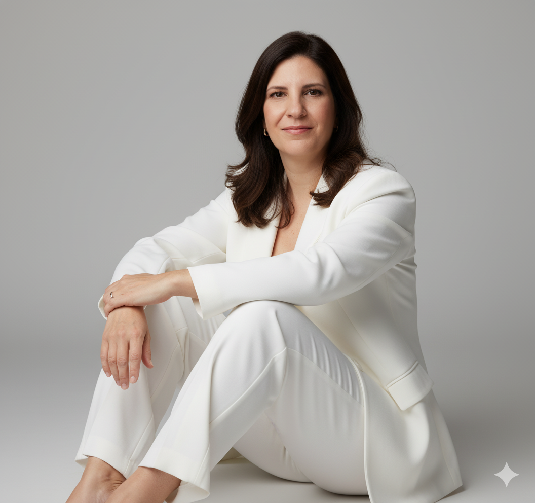 Woman In White Suit Sitting Portrait