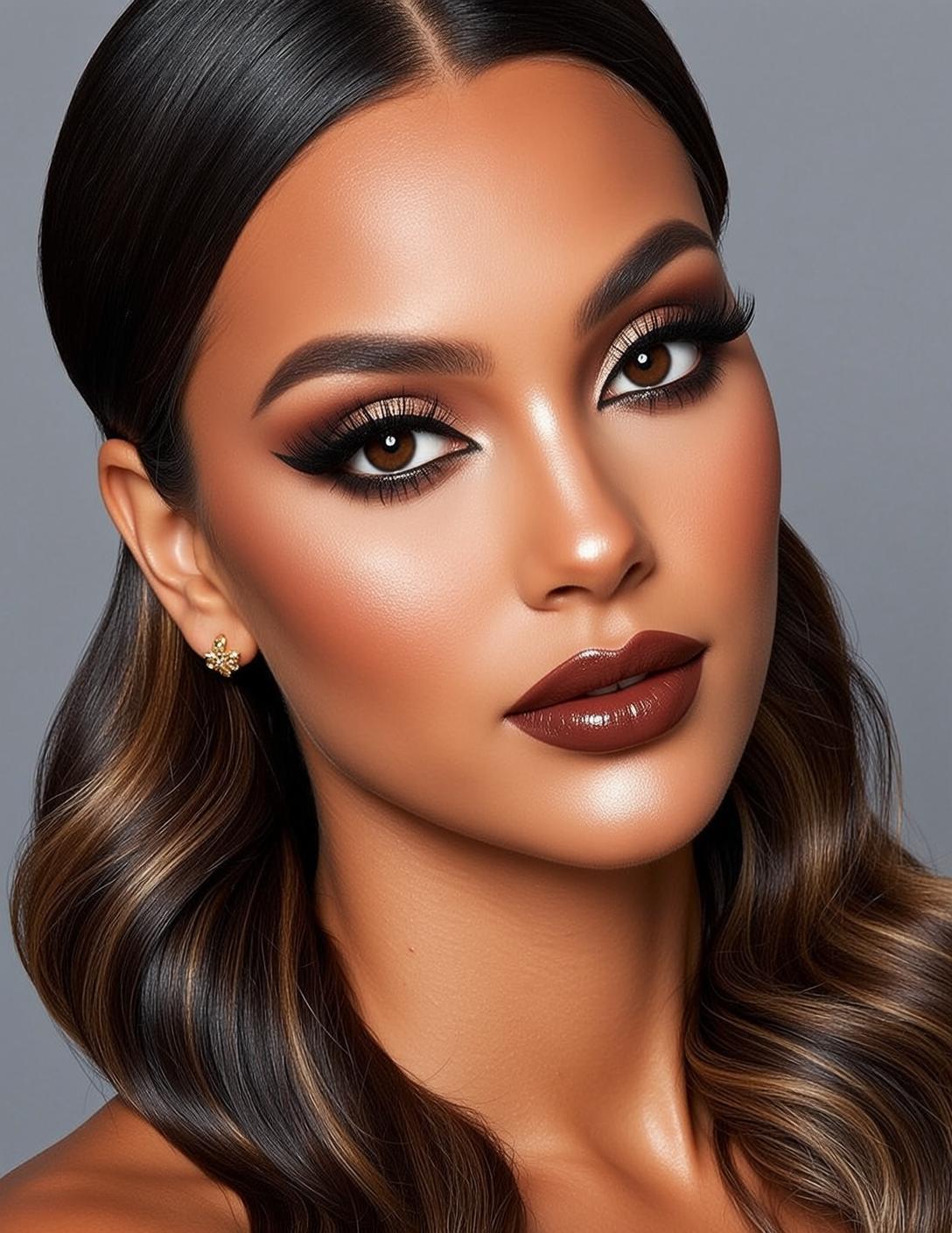 Photorealistic Portrait Woman With Deep Tan Skin Facing Slightly The