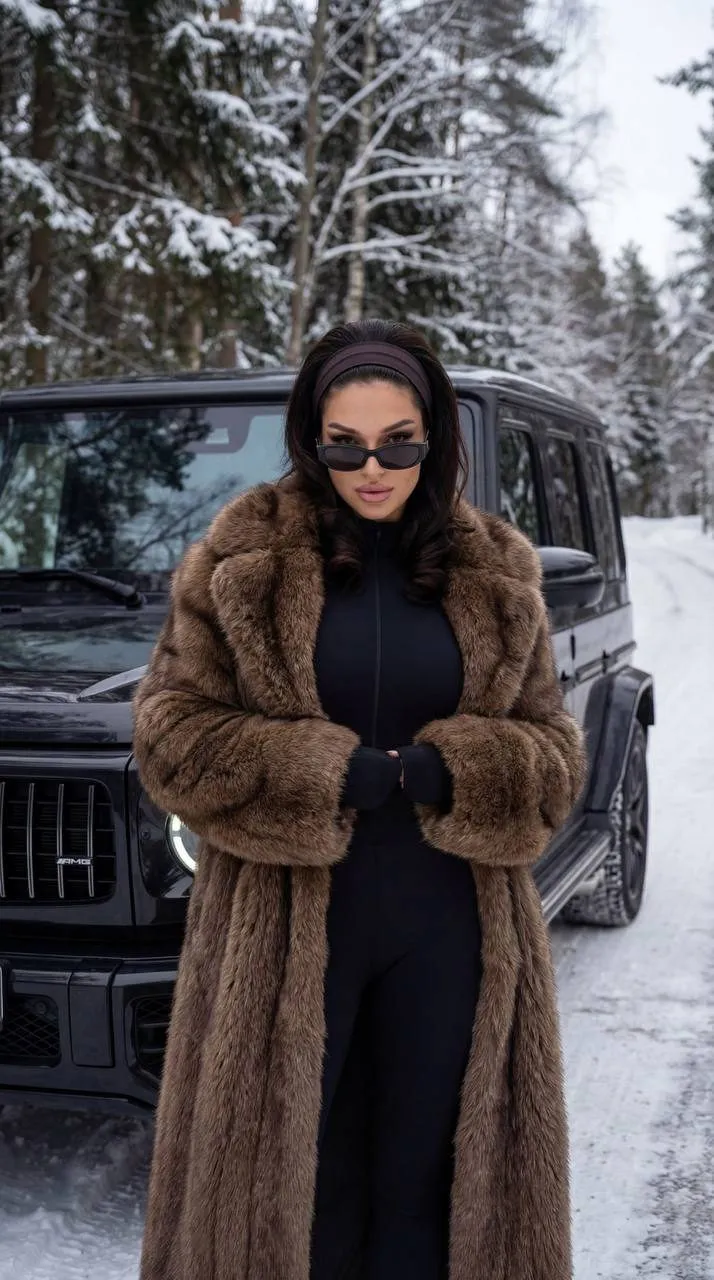 Sunglasses Winter Road Fur Coat Portrait