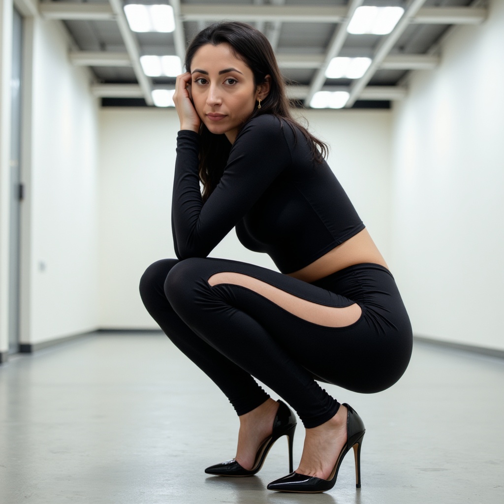 A powerful portrait of Qara in a low squat, highlighting her long black wavy hair and olive skin, with a black crop top and leggings.