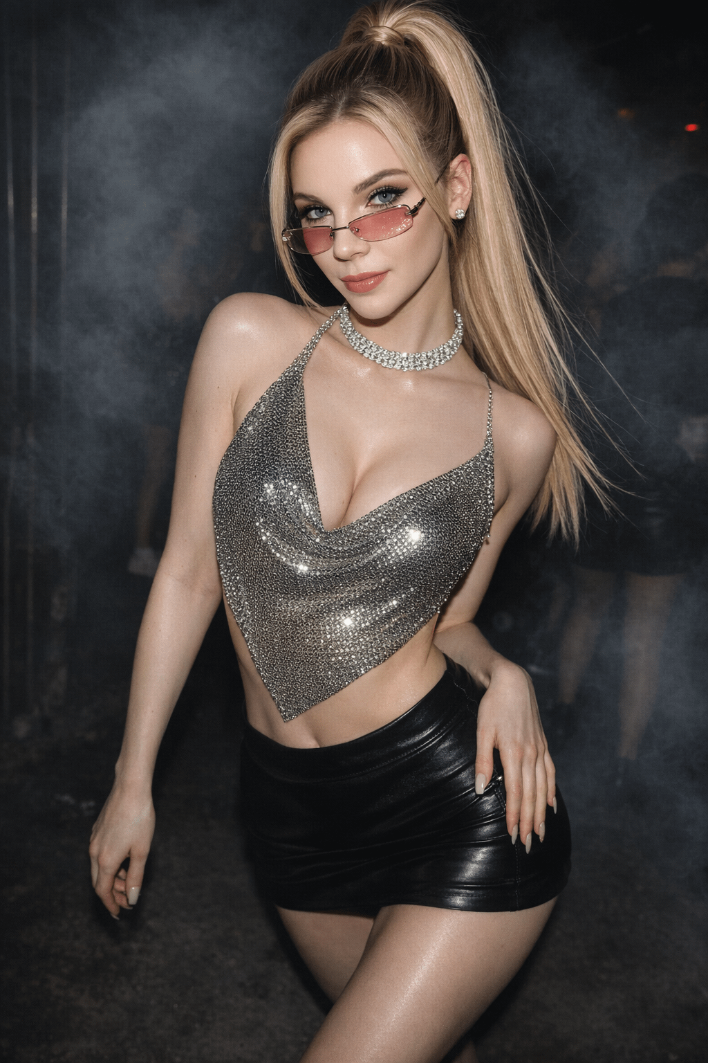 A confident individual poses in a smoky nightclub wearing a sparkling silver chainmail top and black leather mini skirt, illuminated by dramatic lights.