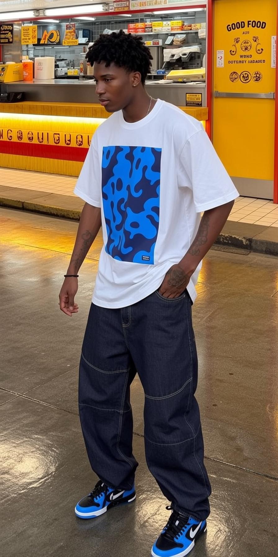Young Man Blue Camo Shirt Relaxed Jeans