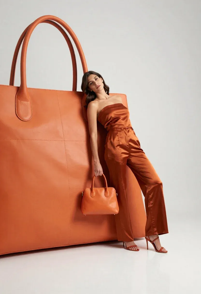 Woman Leans Casually Against Massive Orange Leather Handbag While Holding