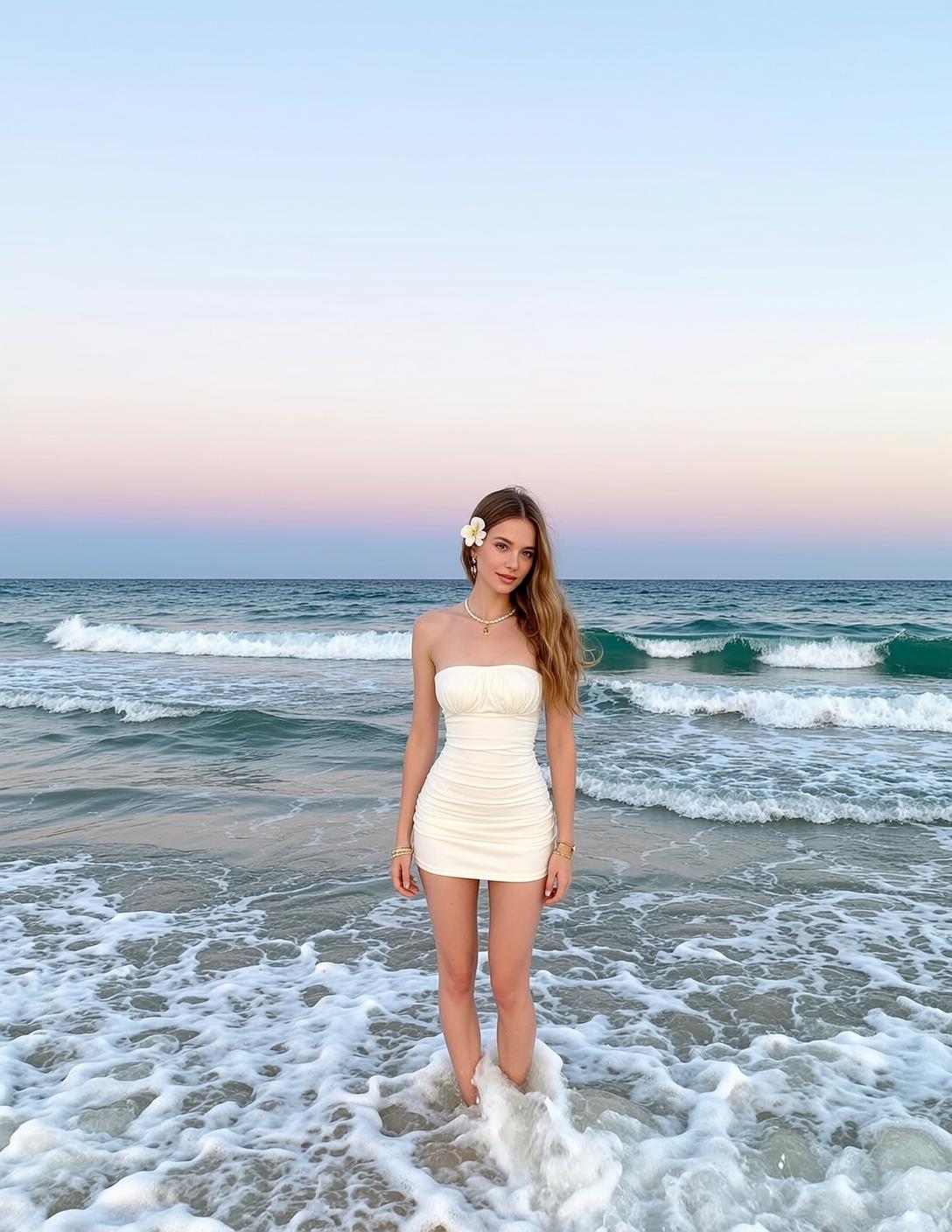 Vacation Young Long Wavy Blonde Fair Strapless