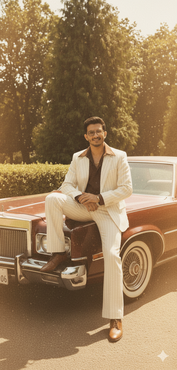 A stylish man wearing a cream pinstriped blazer sitting on a vintage car hood, smiling and looking confidently at the camera.
