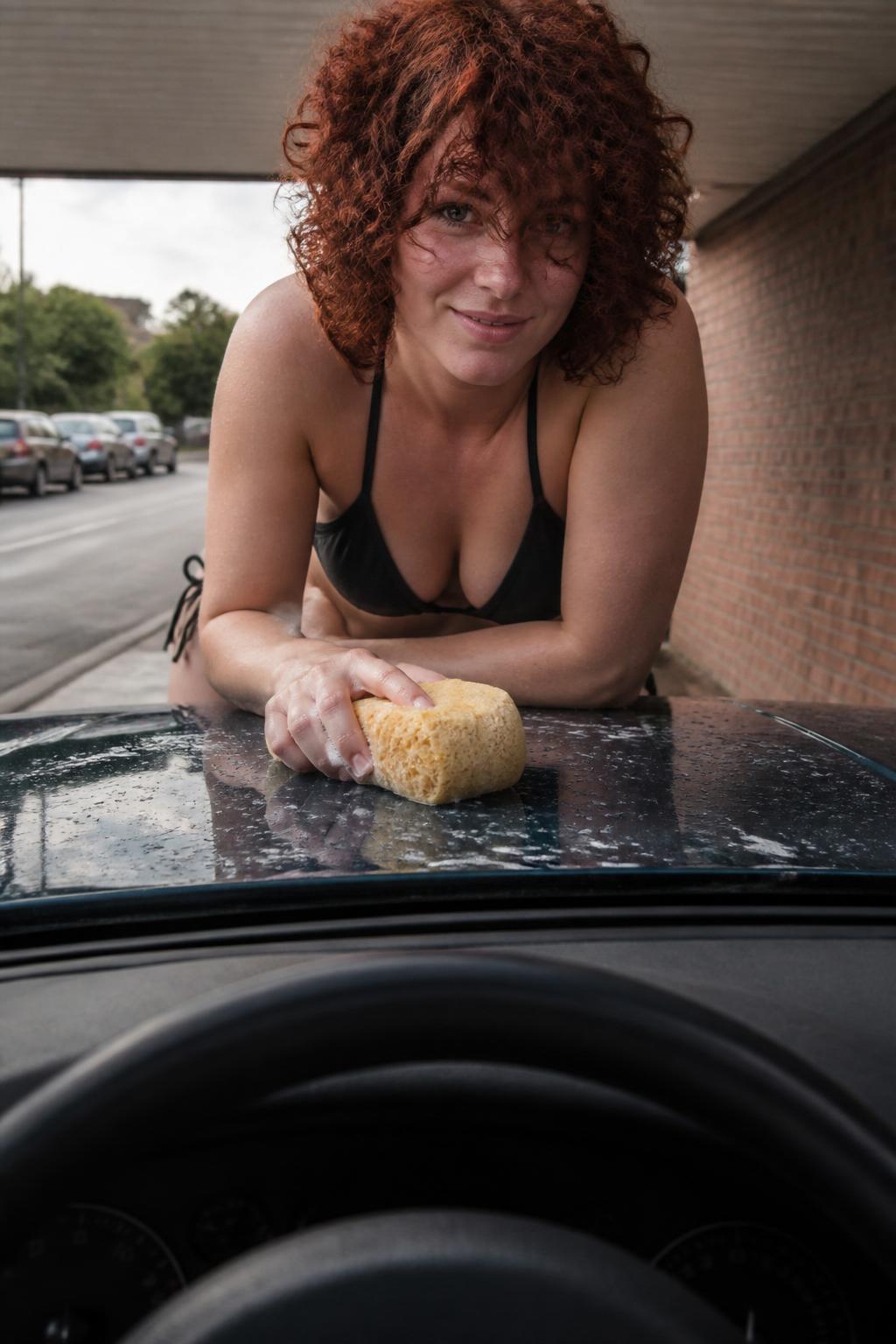 Leaning Over Wet Car Hood Daylight