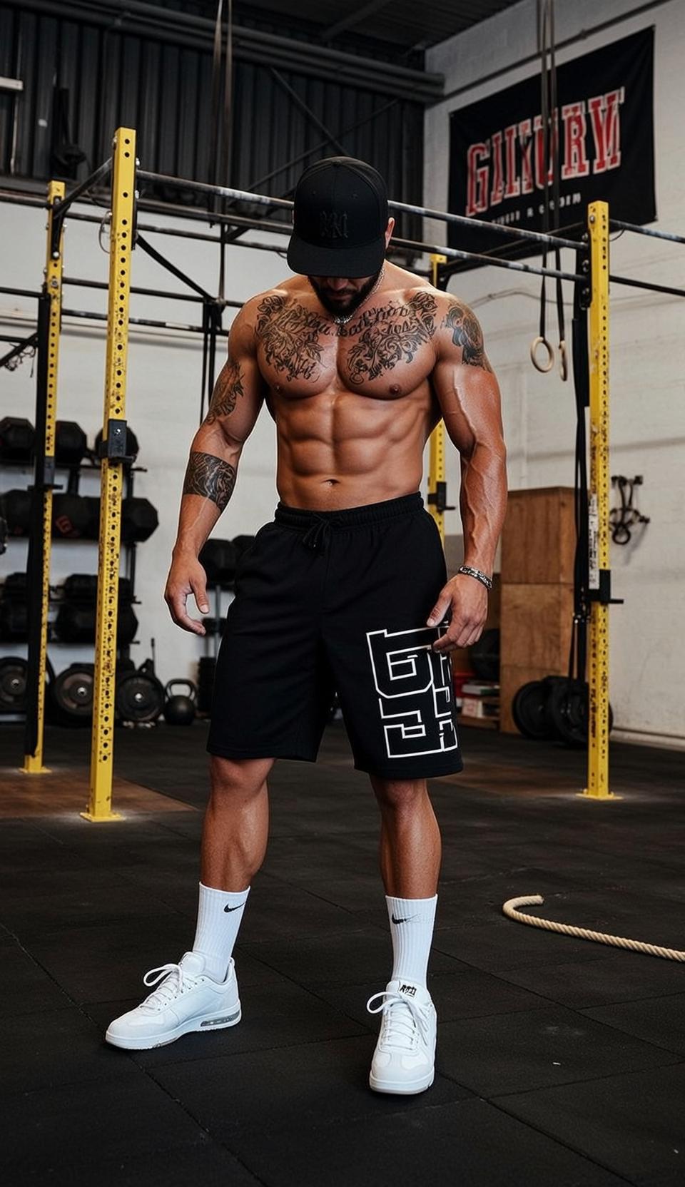 Muscular Black Baseball Cap Tan Athletic Shorts
