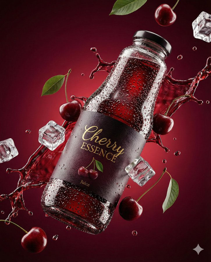 Ultra-realistic shot of a premium cherry juice bottle with condensation, surrounded by splashing juice, cherries, and ice.