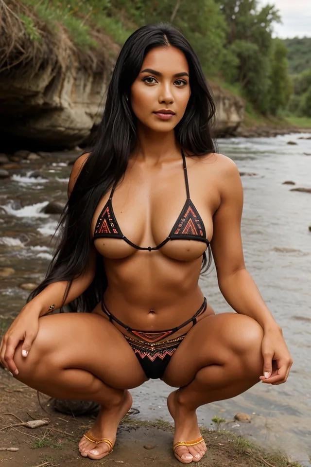 Crouching On Muddy Riverbank Black Bikini