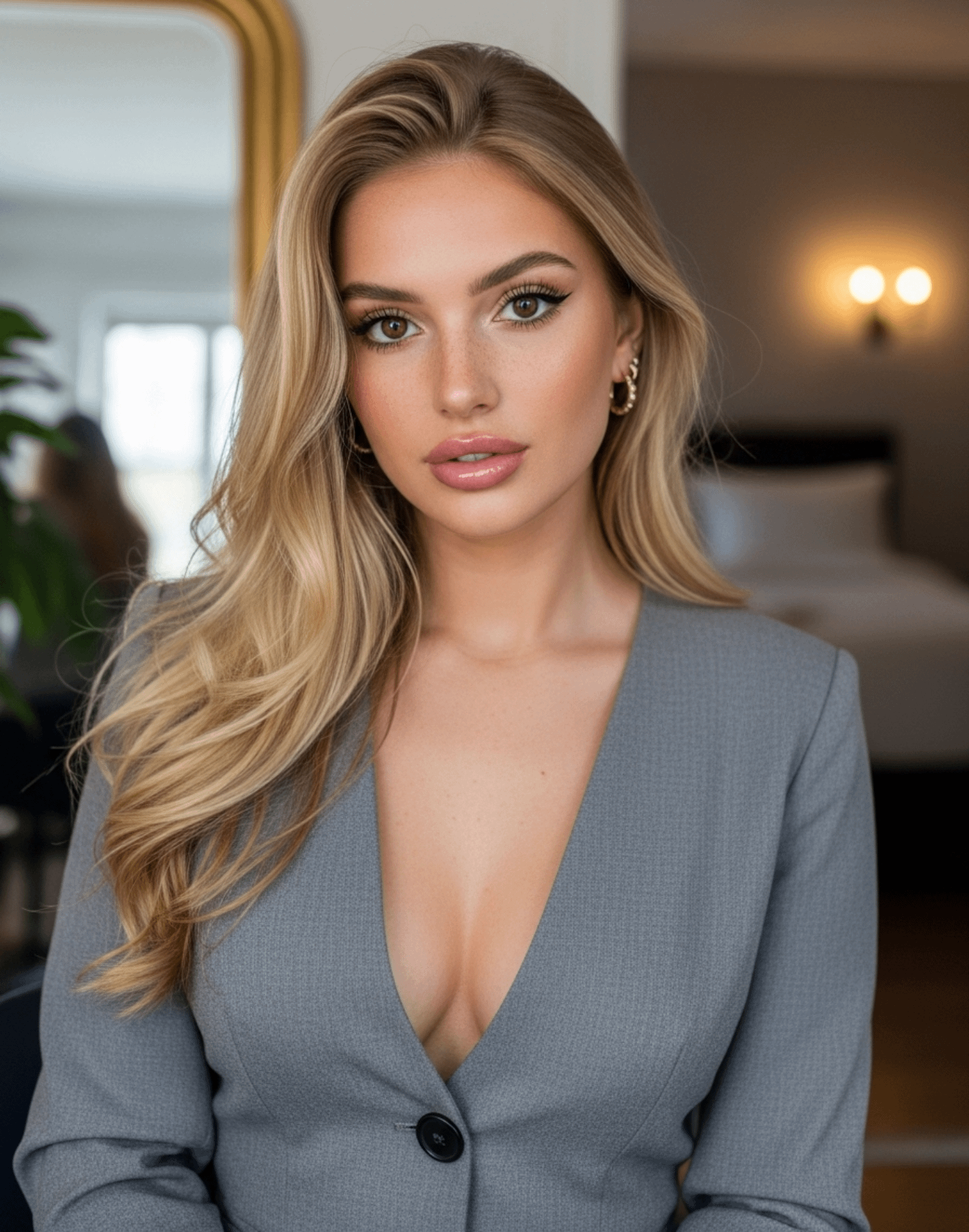 Slate Blue Blazer With Gold Hoop Earrings Soft Lighting