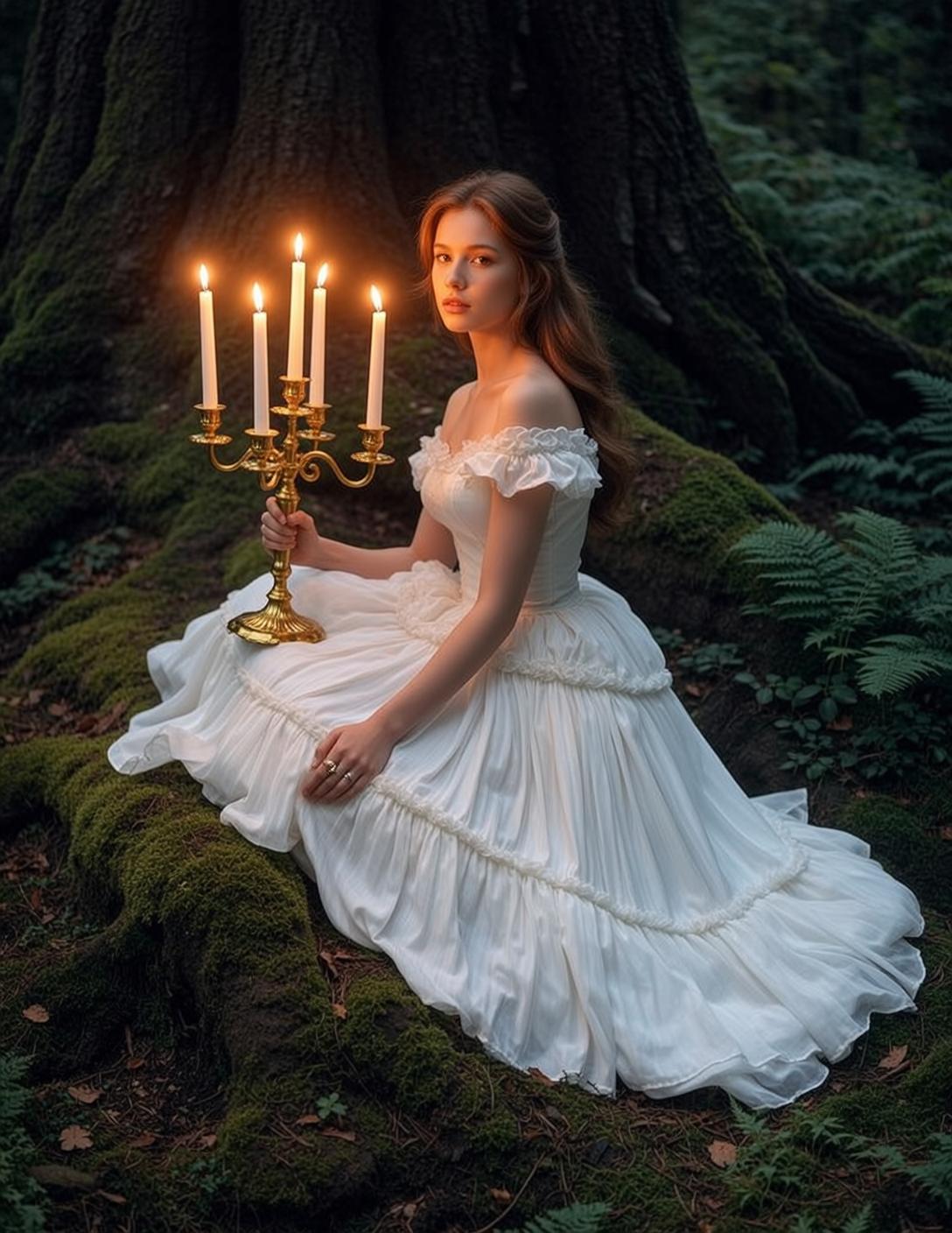 Candlelit White Dress in Forest