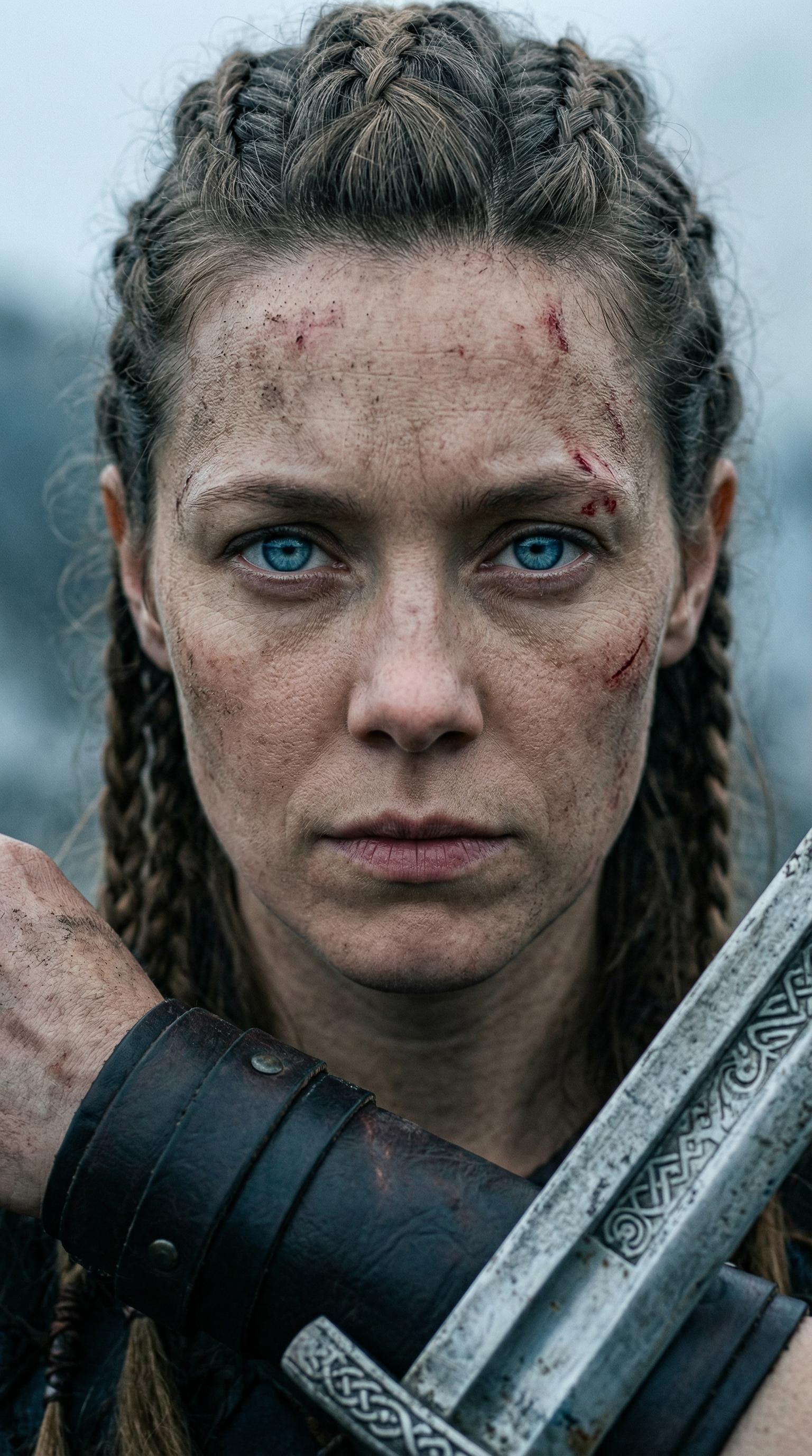 Close-up portrait of a Viking warrior with detailed scars, braided hair, and a piercing gaze, set against a misty northern backdrop.