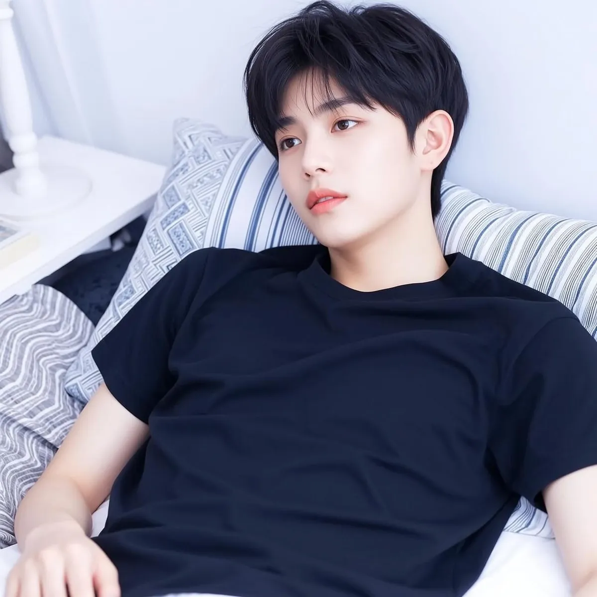 Explore Young Lying His Side Bed Propped