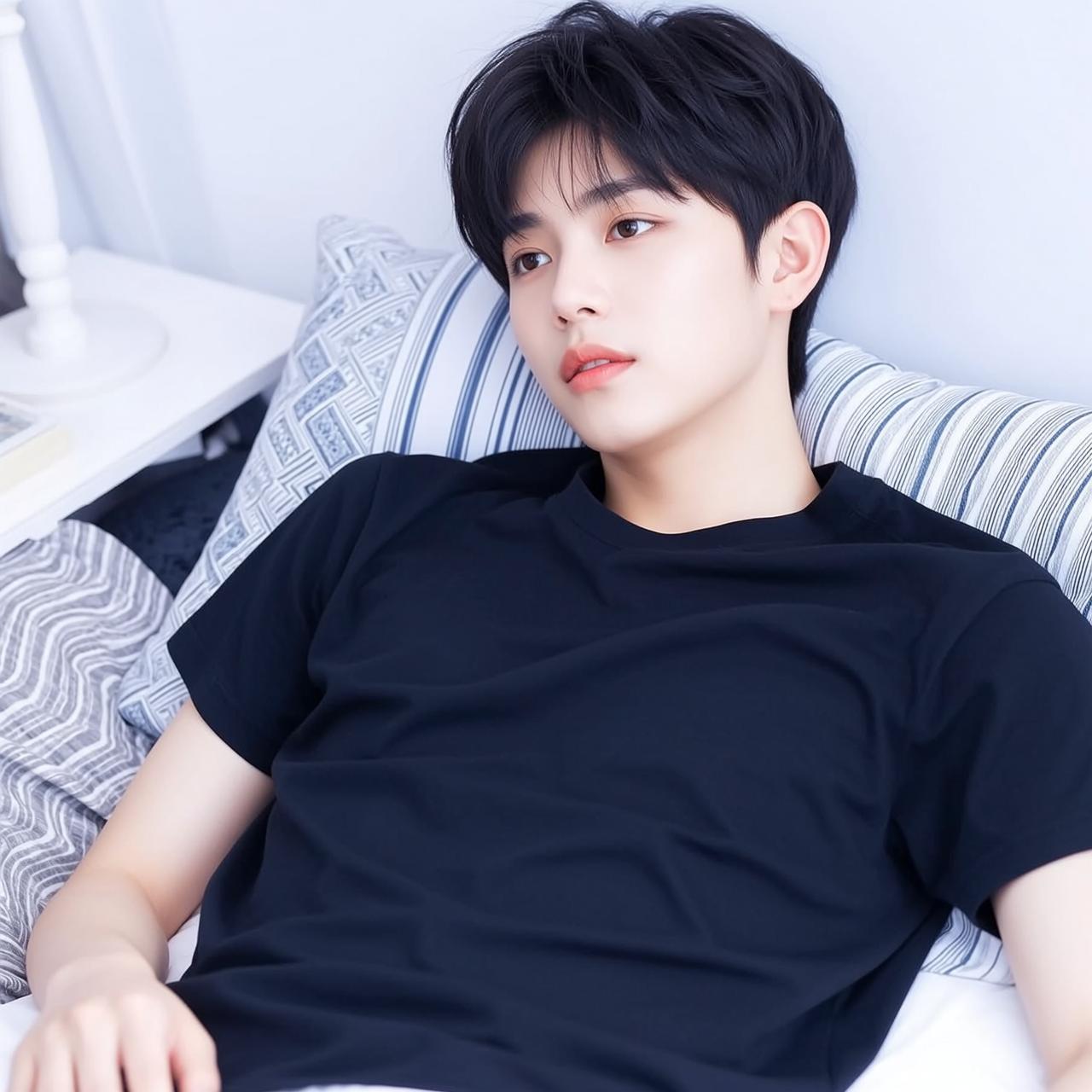Explore Young Lying His Side Bed Propped