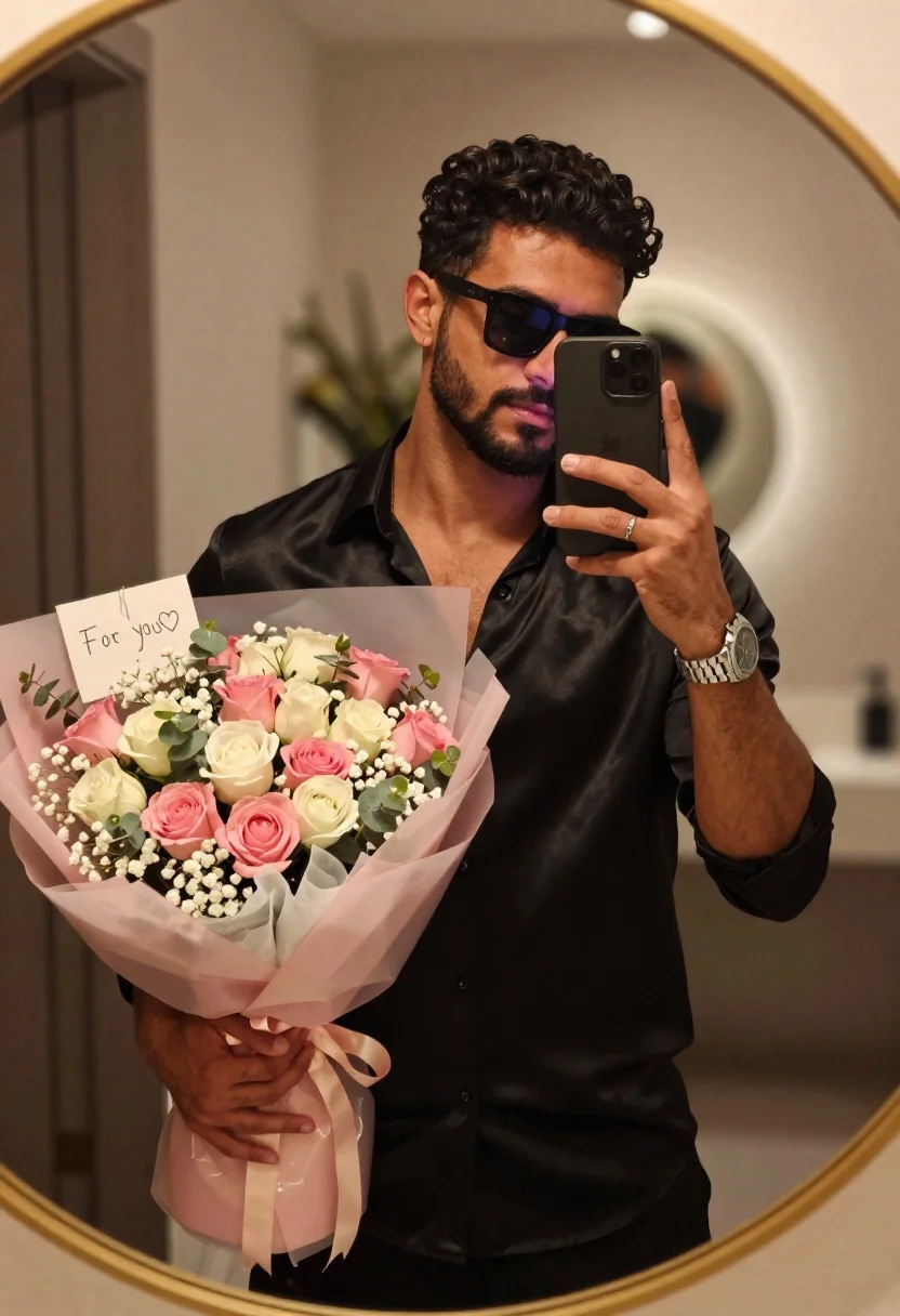 Man Takes Mirror Selfie Holding Large Bouquet Pink And White