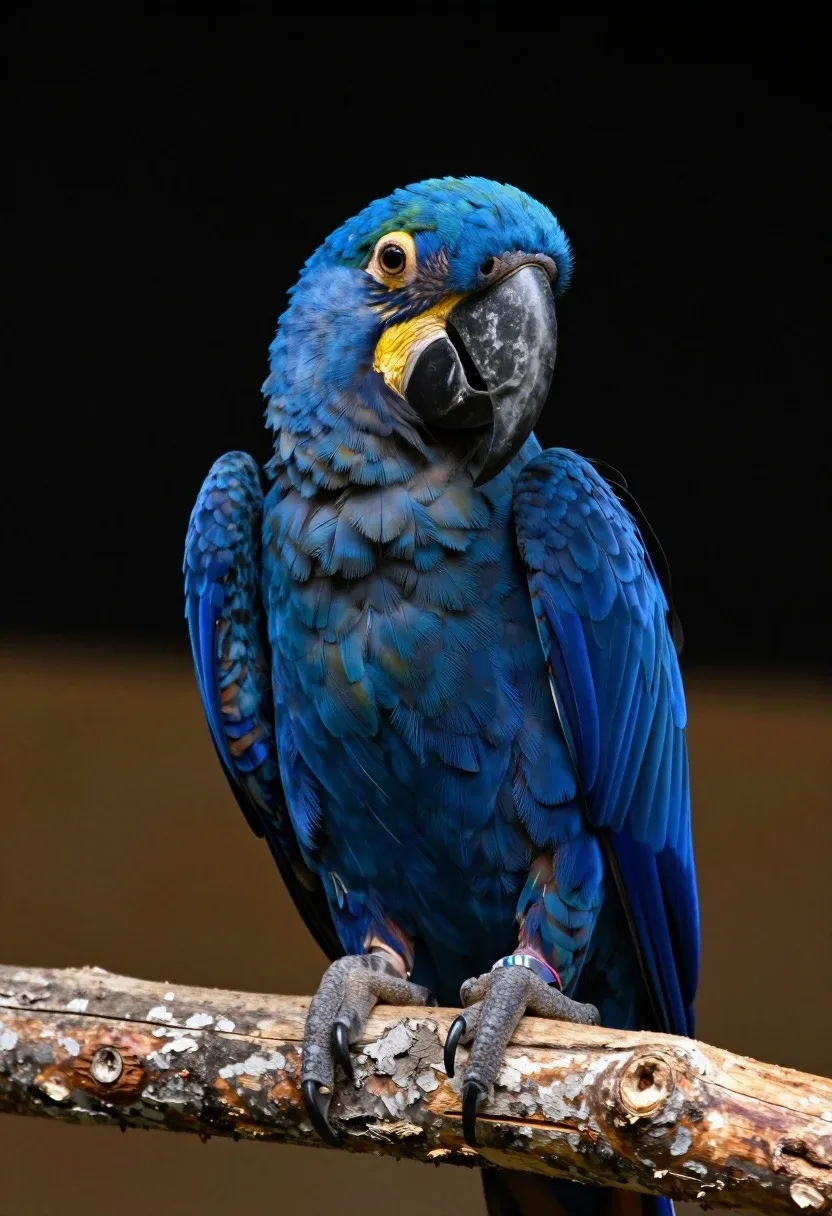 Vibrant Blue Macaw Perched Rough Tree Branch Against Dark Background