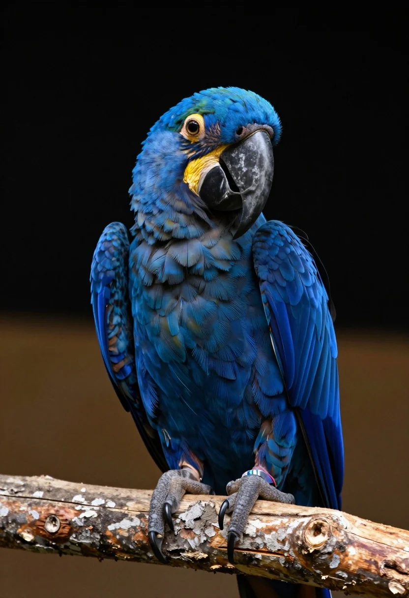 A vibrant blue macaw perched on a rough tree branch against a dark background, showcasing its cobalt plumage and detailed feathers.