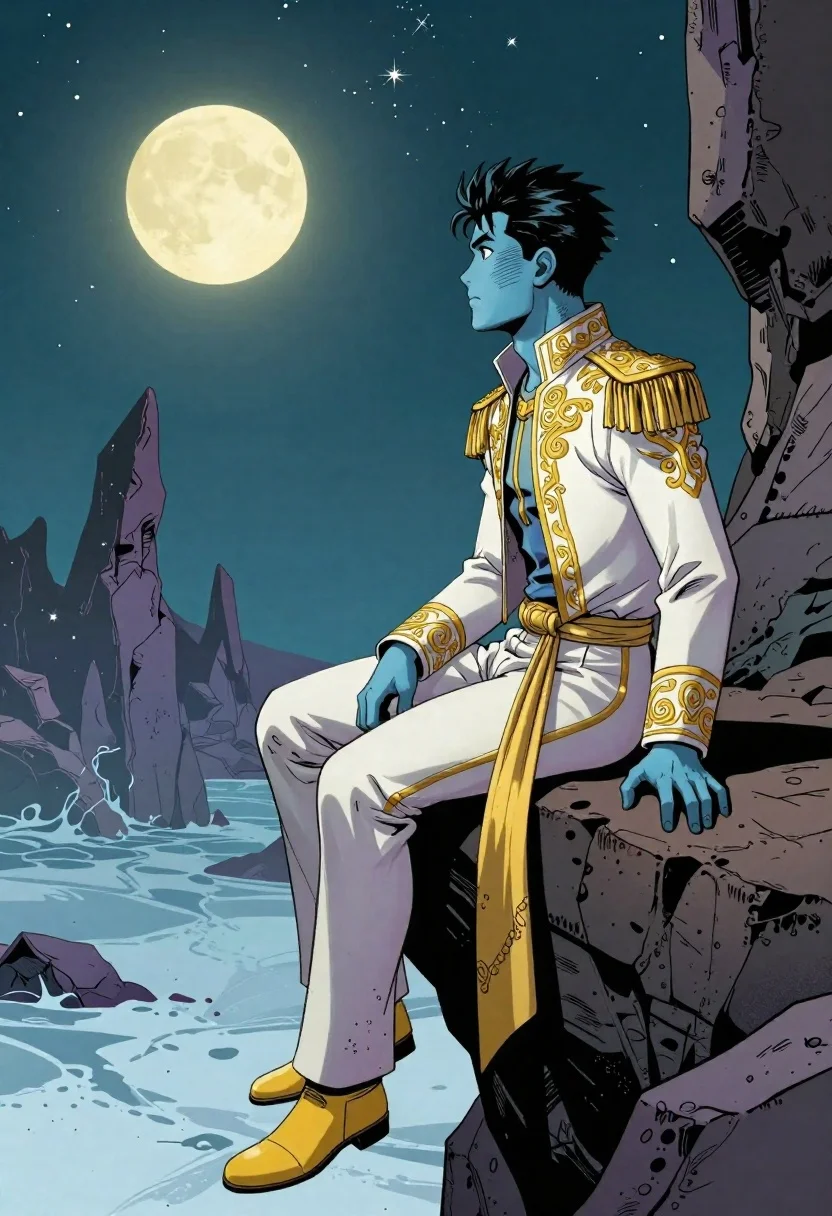Comic Book Illustration Pale Blue-skinned Man With Spiky Black Hair reference photo