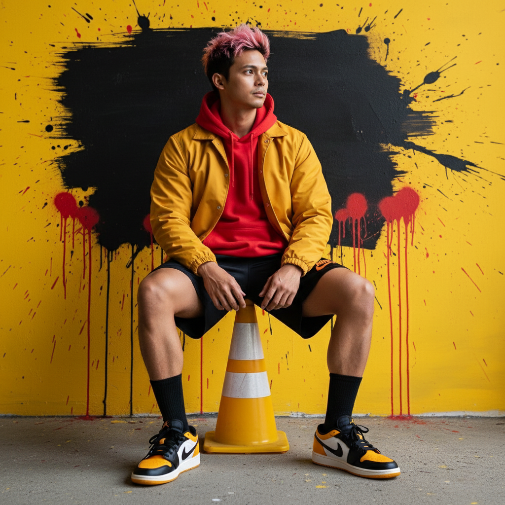 Athletic man in colorful streetwear sitting on a traffic cone with an artistic graffiti background.