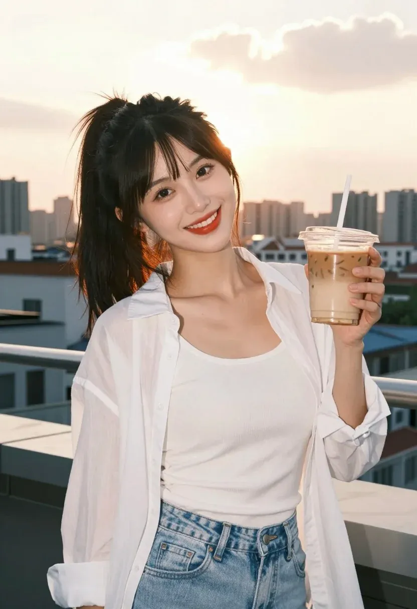 Smiling Young Woman Stands Rooftop Terrace Holding Iced Coffee Drink