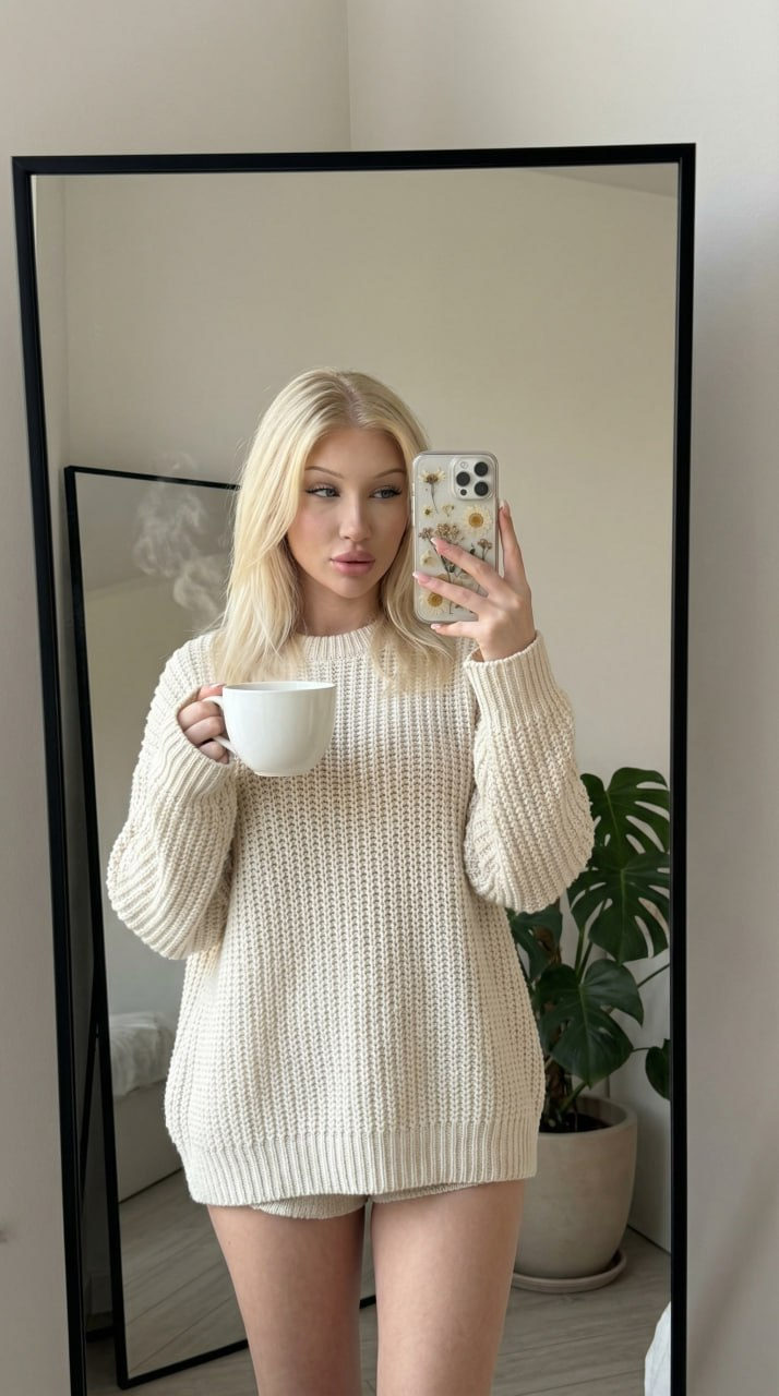A woman in an oversized cream sweater taking a mirror selfie, holding a smartphone and coffee mug with steam rising, in a cozy room.