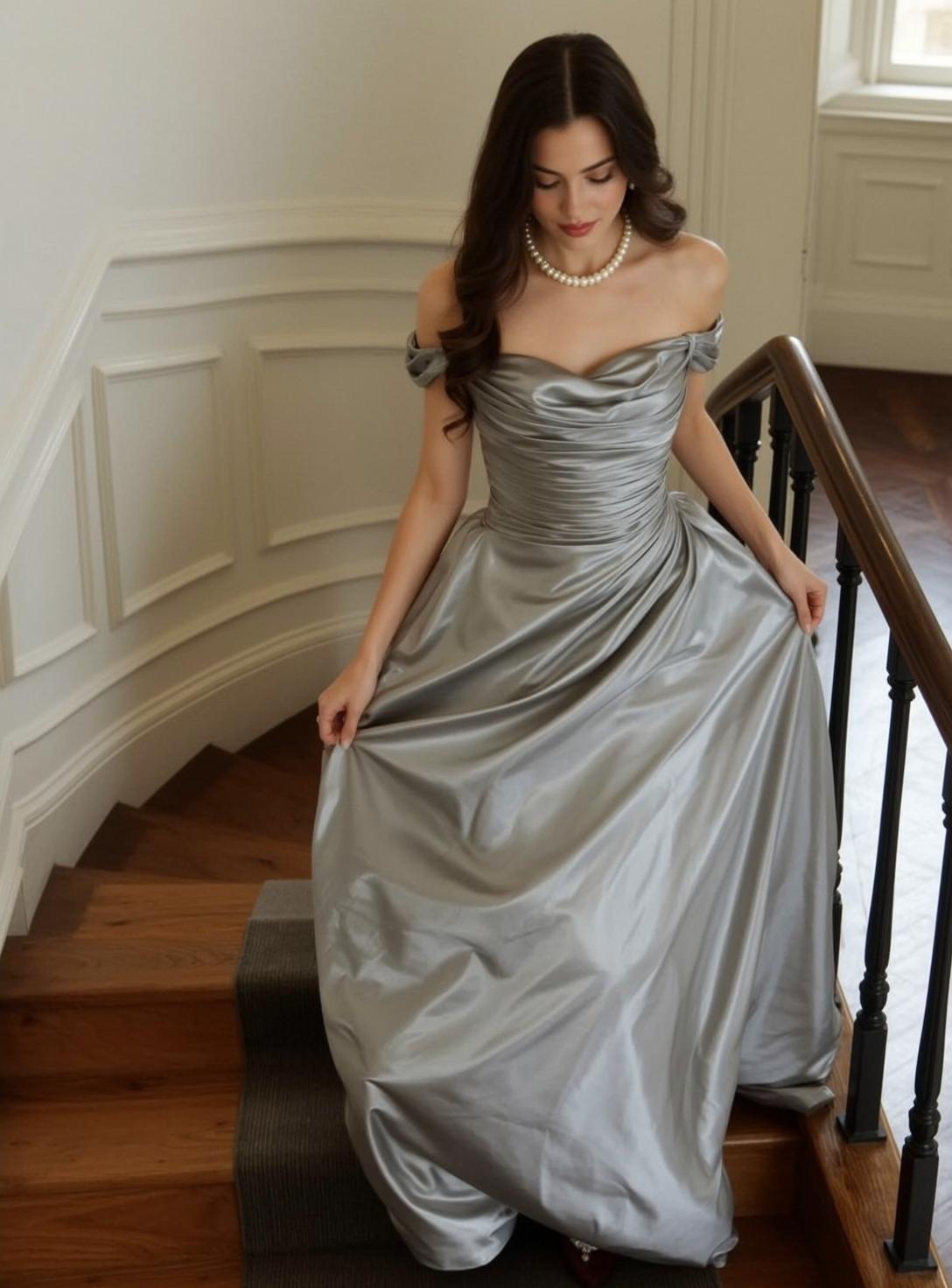 Silver Satin Gown Staircase