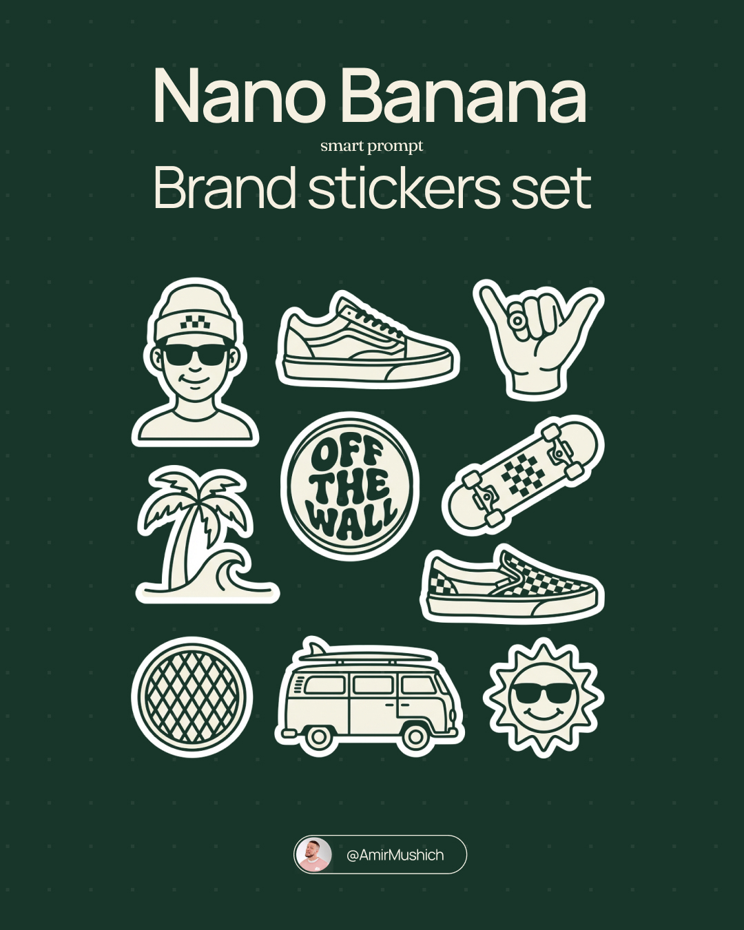 A trendy sticker sheet featuring monoline designs in cream and dark outlines, arranged naturally.