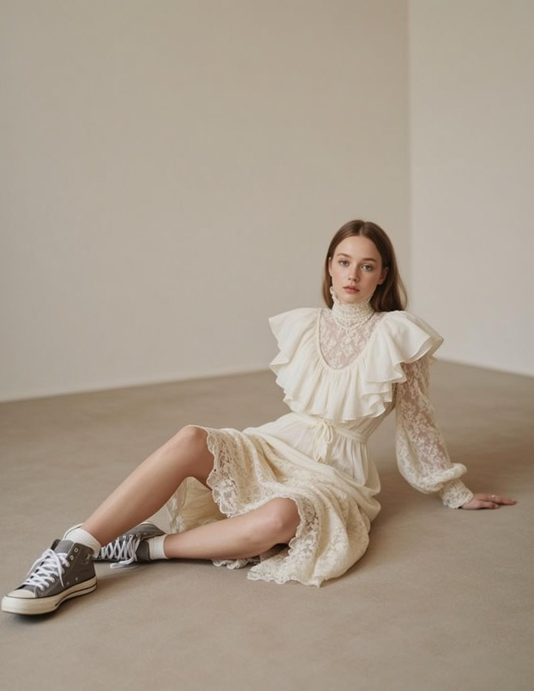 Balletcore Seated Neutral-toned Floor Leaning Her Torso