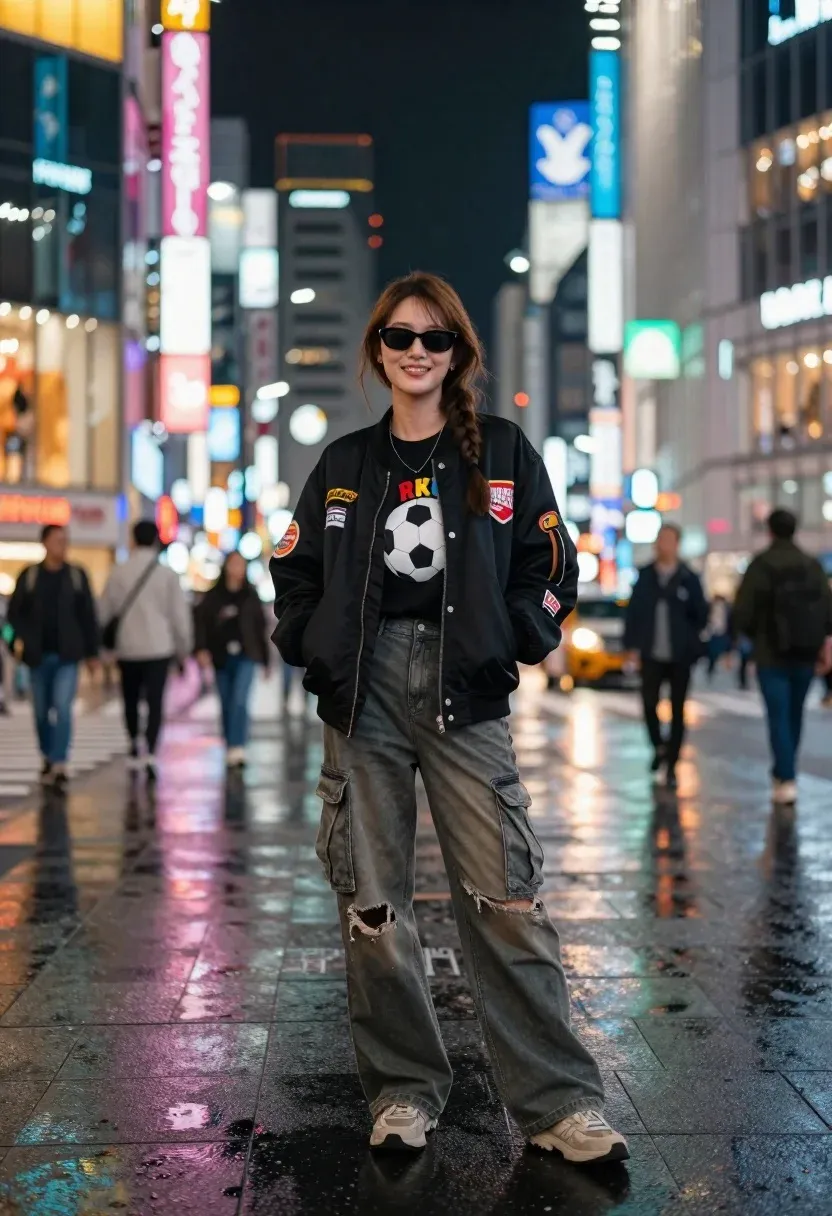 Young Woman Stands Confidently The Center Bustling City Street Night