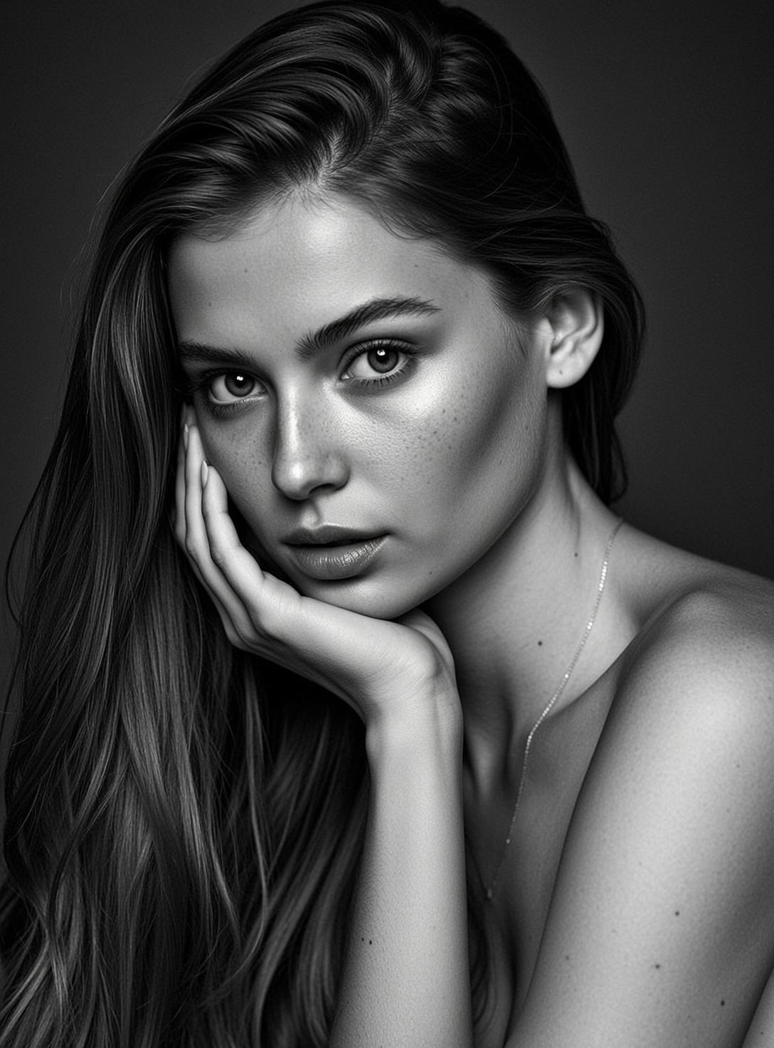 Black And White Medium Close-up Portrait Young Woman With Long