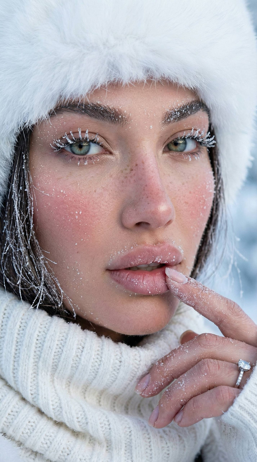 A woman in a snowy environment wearing a white winter hat, her face adorned with frost and soft freckles, exhibiting a calm expression.