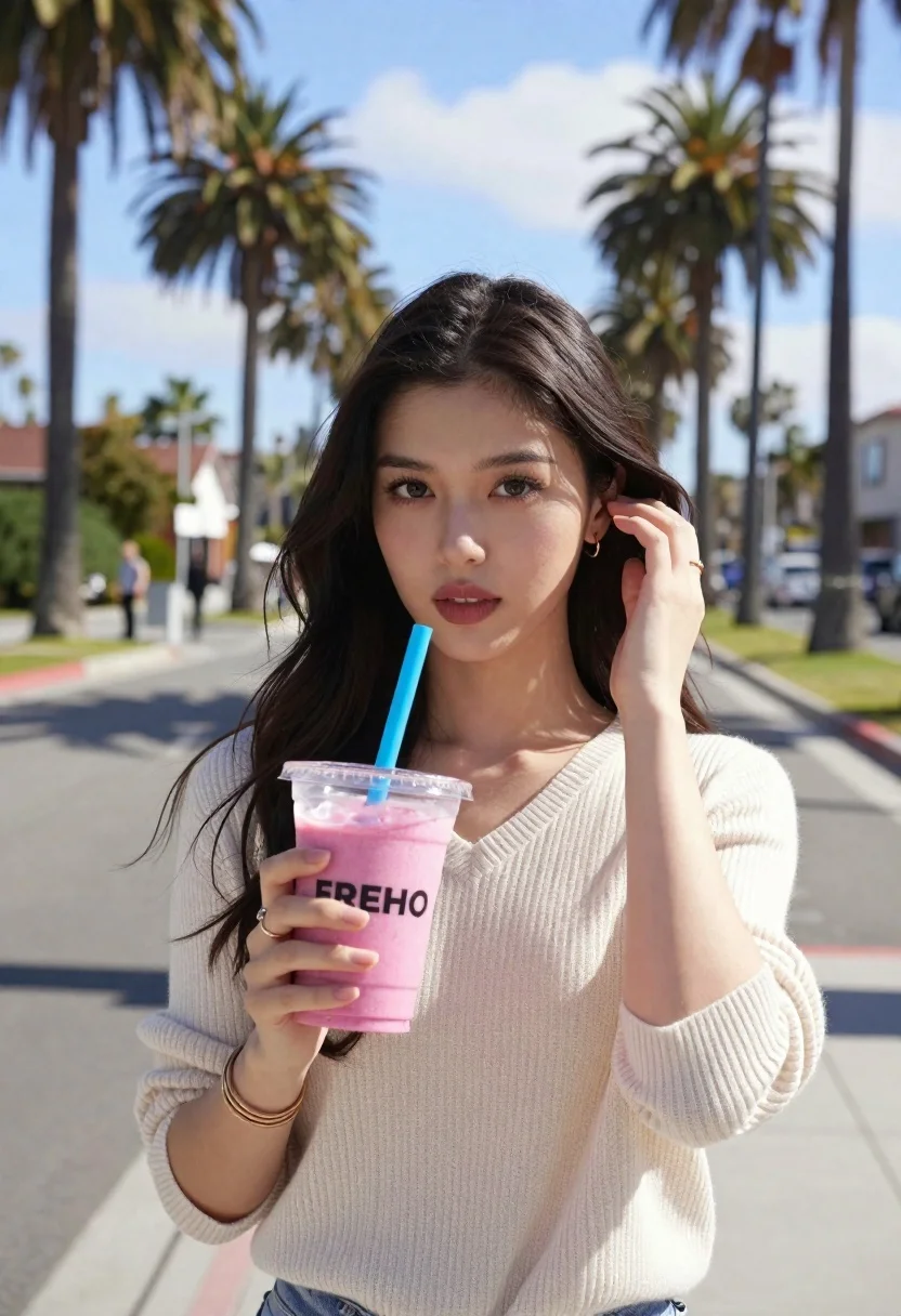Young Woman Stands Outdoors Sunny Day Holding Pink Smoothie One reference photo