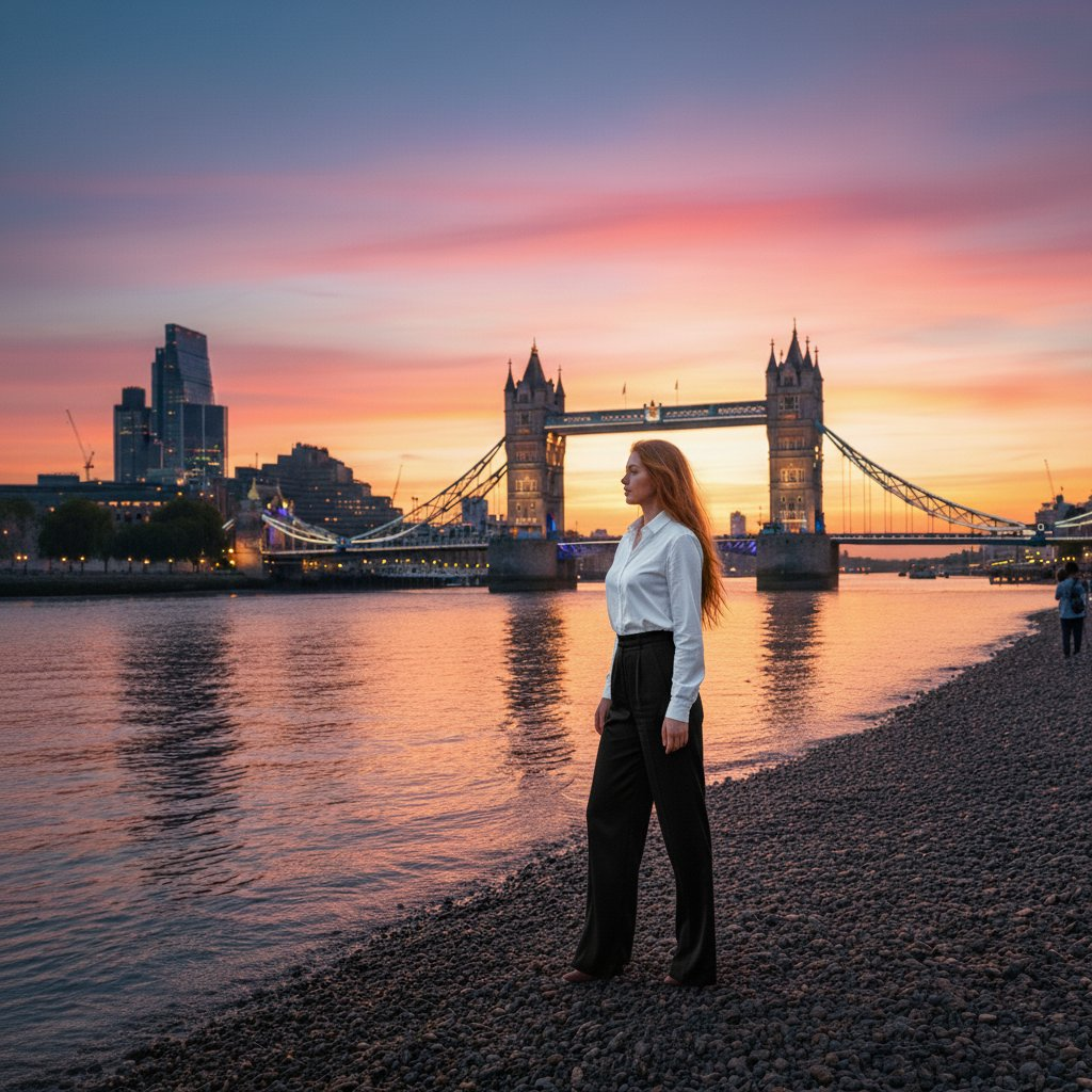A stylish individual stands by the Thames River at sunset, wearing elegant attire with a warm glow surrounding her.