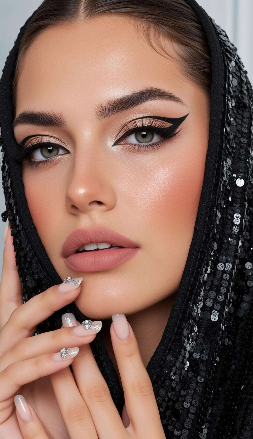 Close-up Headshot Portrait Young Woman With Striking Makeup And Black