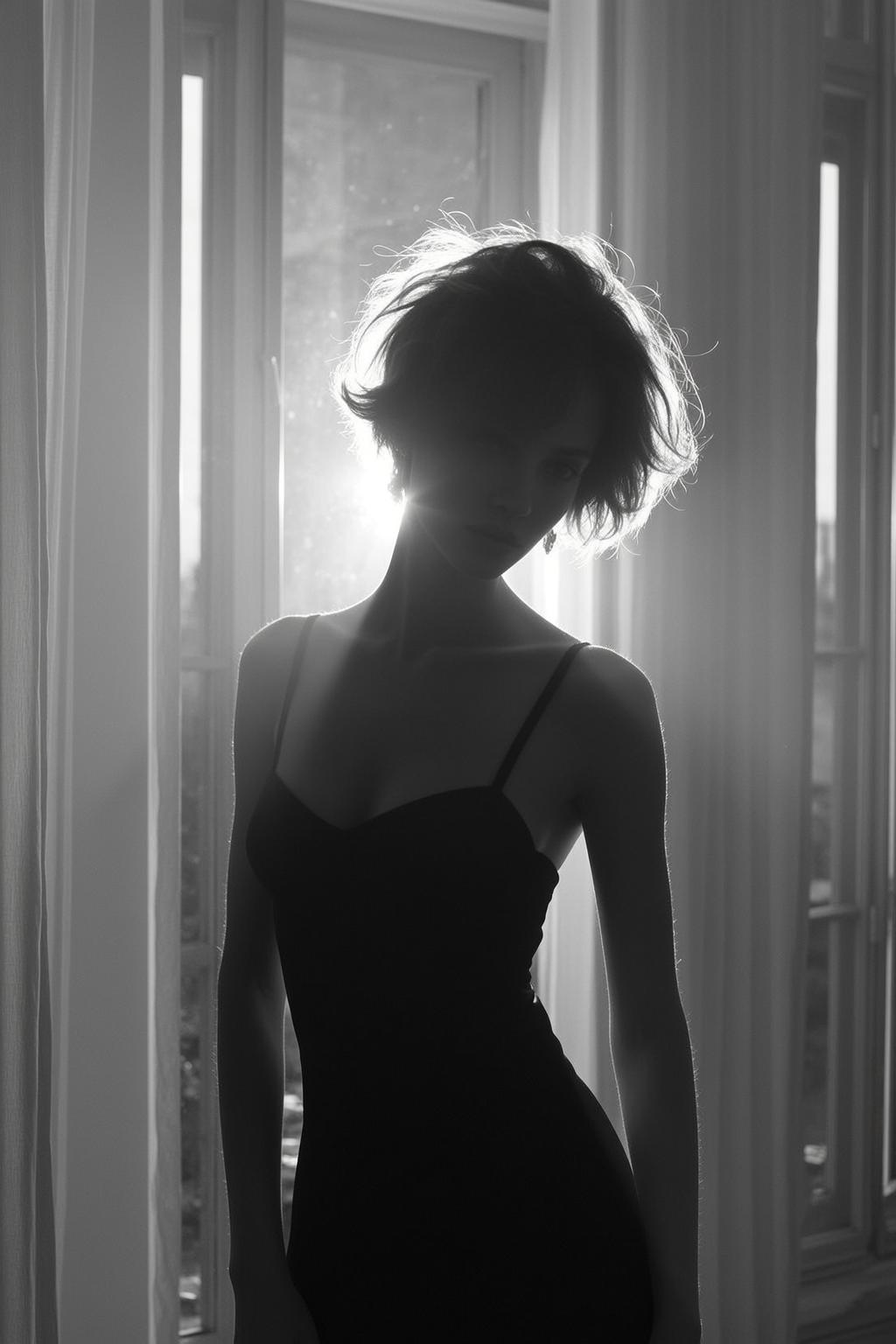 Black And White Medium Shot Portrait Young Woman With Short