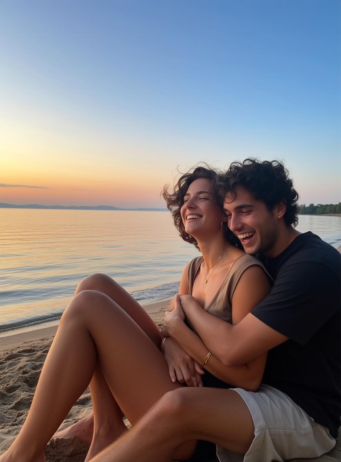 Explore Embracing They Sit Sandy Beach Sunset