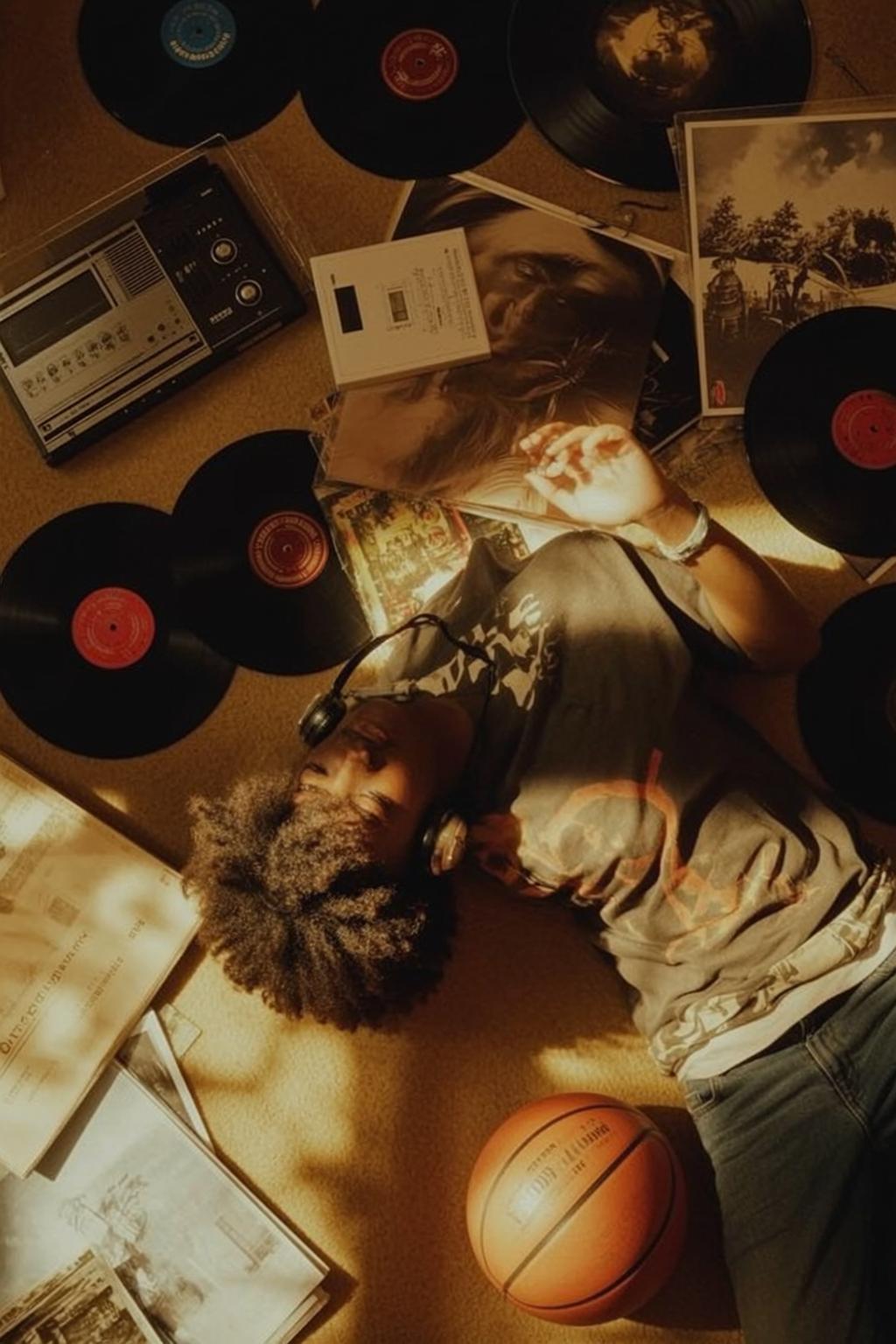 Vinyl Records And Headphones On Floor
