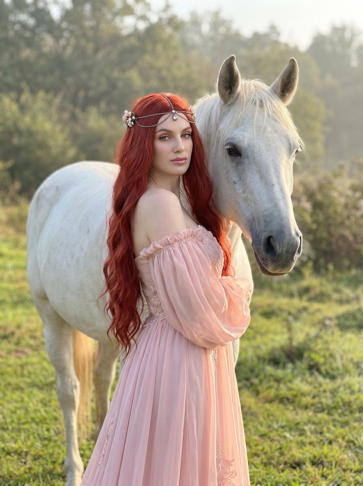 A woman in a flowing pink dress standing gracefully next to a calm white horse in a soft, natural landscape.