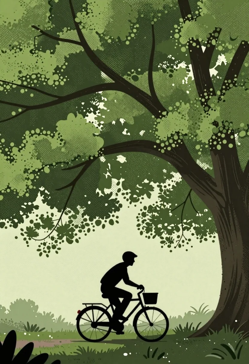 Digital Illustration Silhouetted Cyclist Riding Beneath Sprawling Massive Trees Subject reference photo