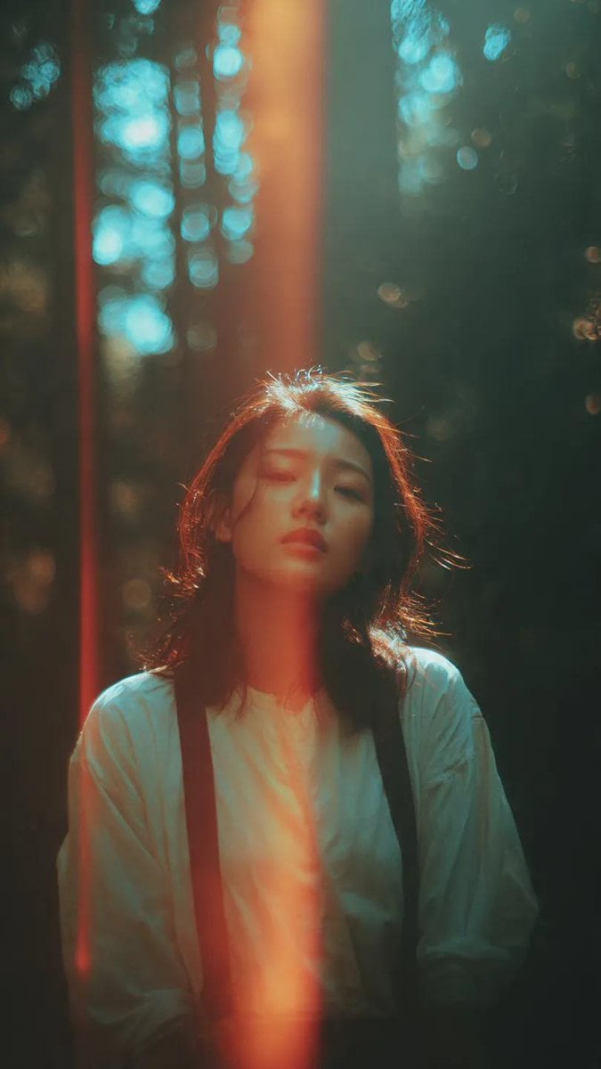 A woman in a light blouse and dark suspenders stands in a quiet forest, with sunlight filtering through trees and creating dramatic light effects.