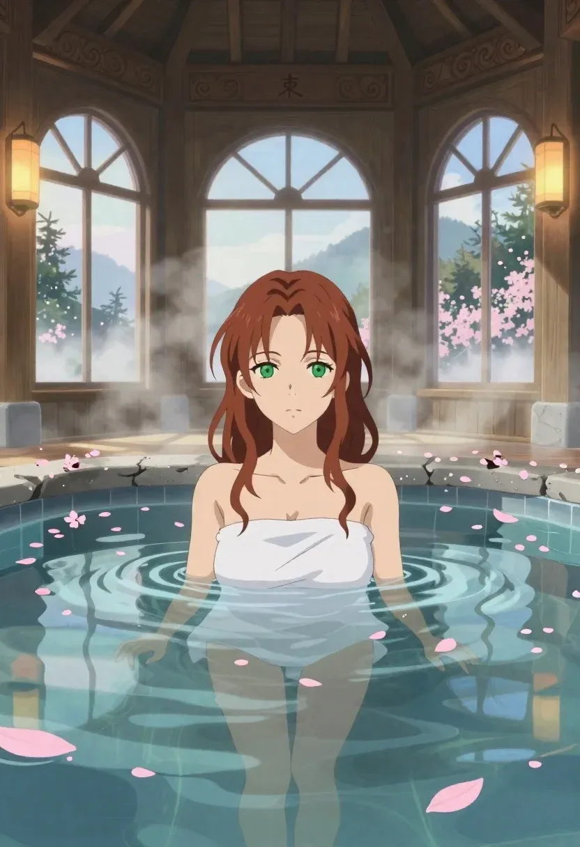 Anime-style Illustration Woman Relaxing Indoor Hot Spring Bath Filled With