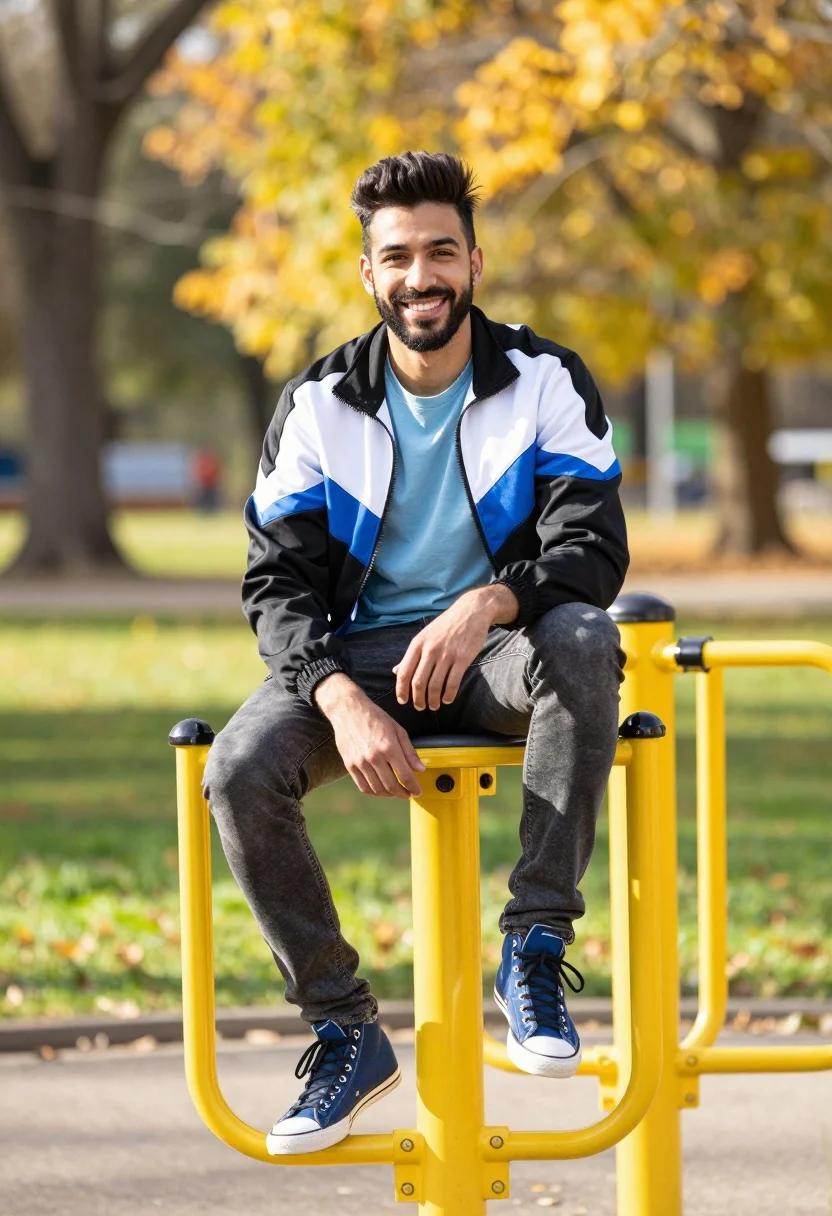 Young Man Sits Casually Yellow Curved Exercise Bench Outdoor Park